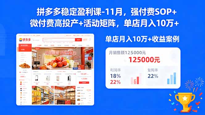 拼多多稳定盈利课-11月,强付费SOP+微付费高投产+活动矩阵,单店月入10万+-91资源站