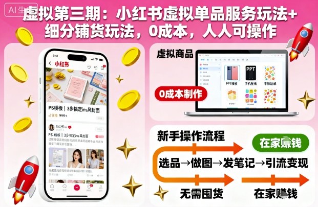 虚拟第三期:小红书虚拟单品服务玩法+细分铺货玩法,0成本,人人可操作-91资源站