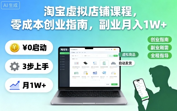 淘宝虚拟店铺课程,零成本创业指南,副业月入1W+-91资源站
