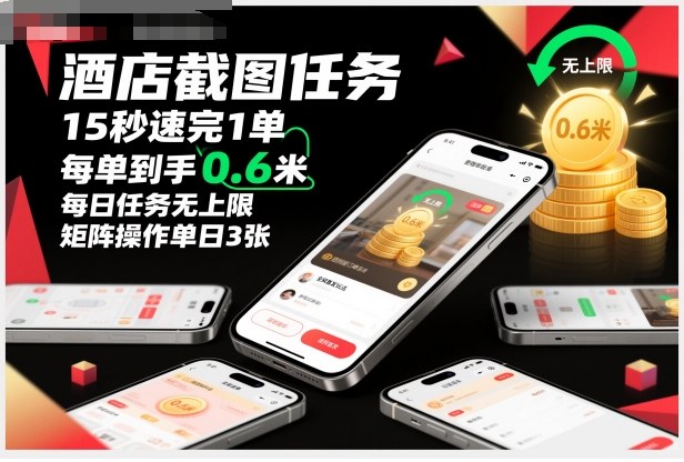 酒店截图任务，15秒速完1单，每单到手0.6米，每日任务无上限，全网首发玩法，矩阵操作单日3张【揭秘】 - 91资源站-91资源站