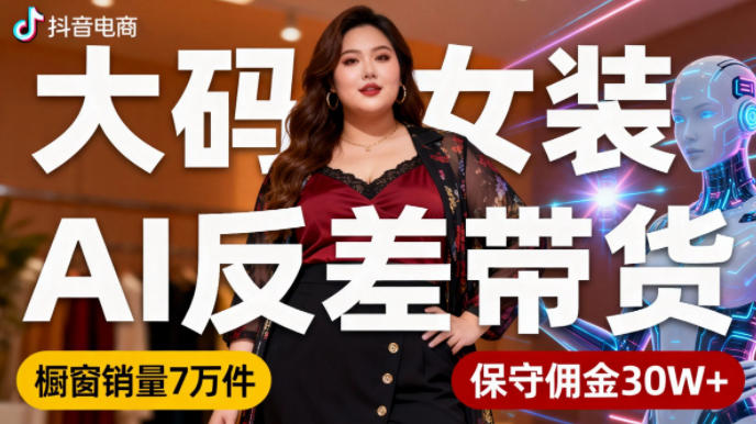 抖音小众赛道，大码女装AI反差带货，不用直播，每天6条作品，橱窗卖7万件，保守佣金30W+ - 91资源站-91资源站