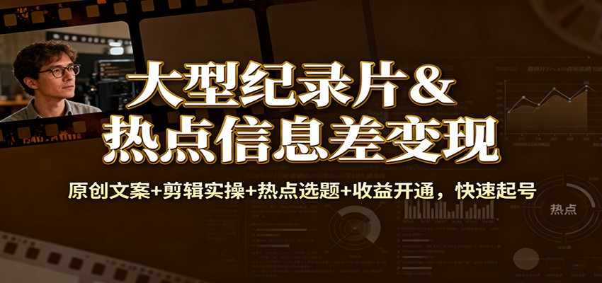 大型纪录片&热点信息差变现:原创文案+剪辑实操+热点选题+收益开通,快速起号-91资源站