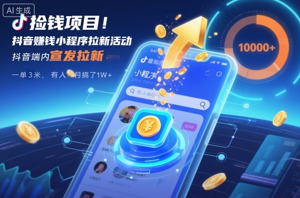 捡钱项目!抖音賺钱小程序拉新活动,抖音端内宣发拉新,一单3米,有人半个月搞了1W+-91资源站