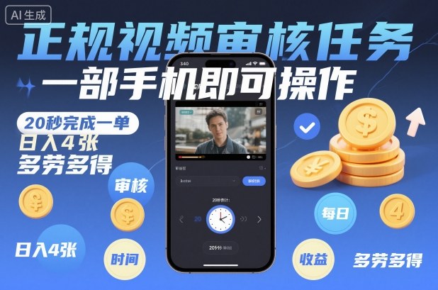 正规视频审核任务,一部手机即可操作,20秒完成一单,日入4张,多劳多得【揭秘】-91资源站