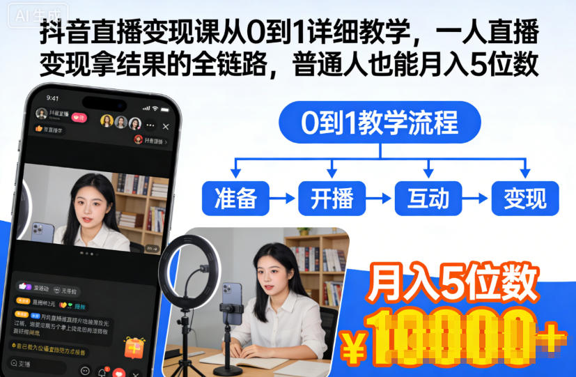 抖音直播变现课从0到1详细教学,一人直播变现拿结果的全链路,普通人也能月入5位数-91资源站