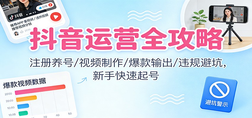 抖音运营全攻略:注册养号/视频制作/爆款输出/违规避坑,新手快速起号-91资源站
