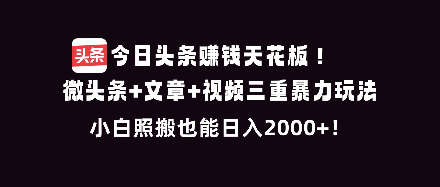 今日头条赚钱天花板！微头条+文章+视频三重暴利玩法，小白照搬也能日人2000+ - 91资源站-91资源站