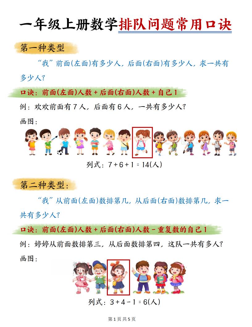 一年级上数学排队问题常用口诀 - 91资源站-91资源站