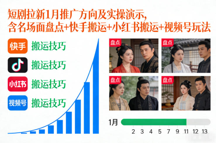 短剧拉新1月推广方向及实操演示，含名场面盘点+快手搬运+小红书搬运+视频号玩法 - 91资源站-91资源站