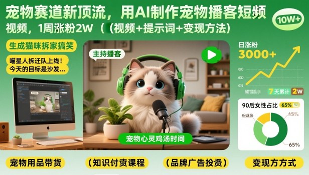 宠物赛道新顶流，用AI制作宠物播客短视频，1周涨粉2W(视频+提示词+变现方法) - 91资源站-91资源站