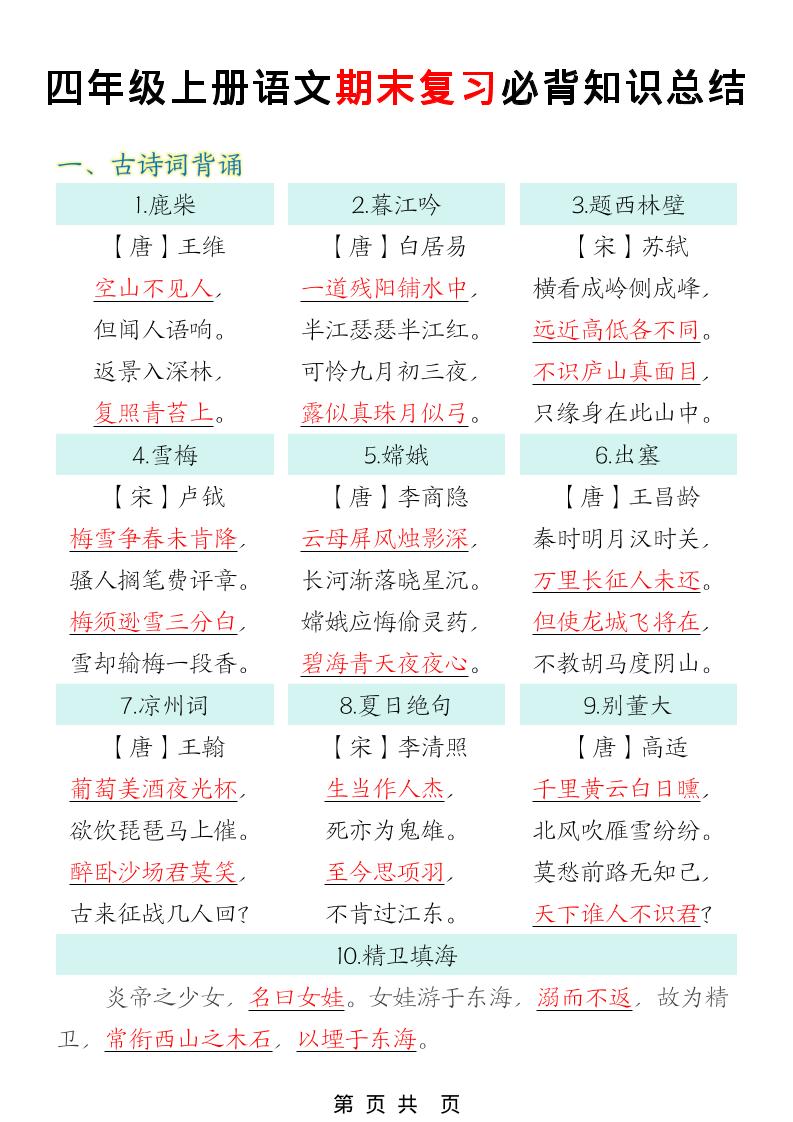 四年级上语文期末复习必背知识总结 - 91资源站-91资源站