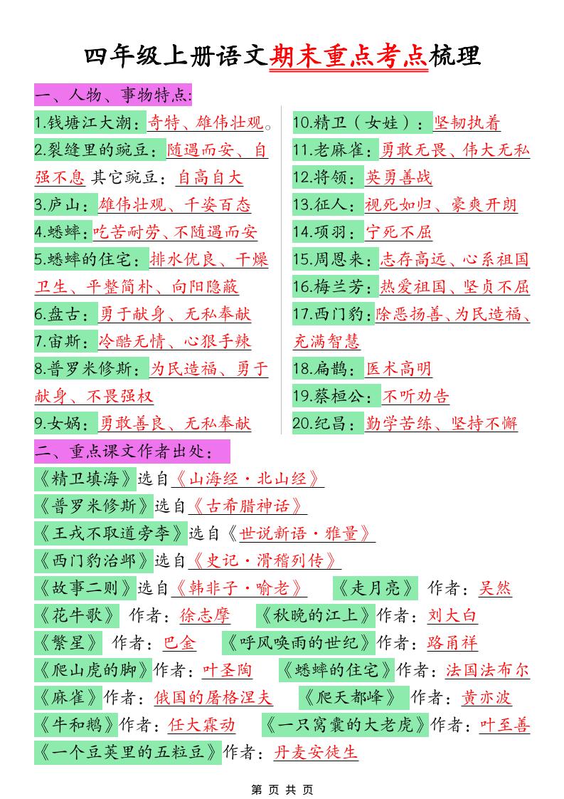 四年级上语文期末重点考点梳理 - 91资源站-91资源站