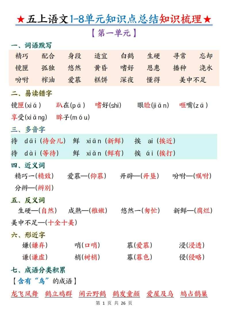 五年级上语文1-8单元知识点总结知识梳理 - 91资源站-91资源站