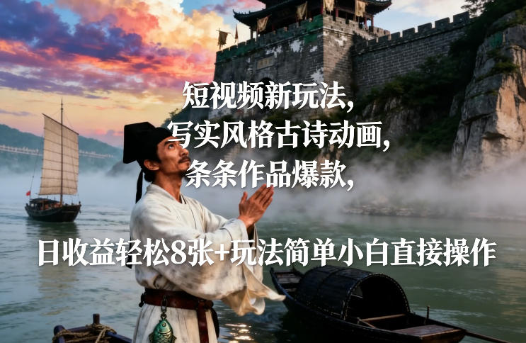 短视频新玩法，写实风格古诗动画，条条作品爆款，日收益轻松8张+玩法简单小白直接操作 - 91资源站-91资源站