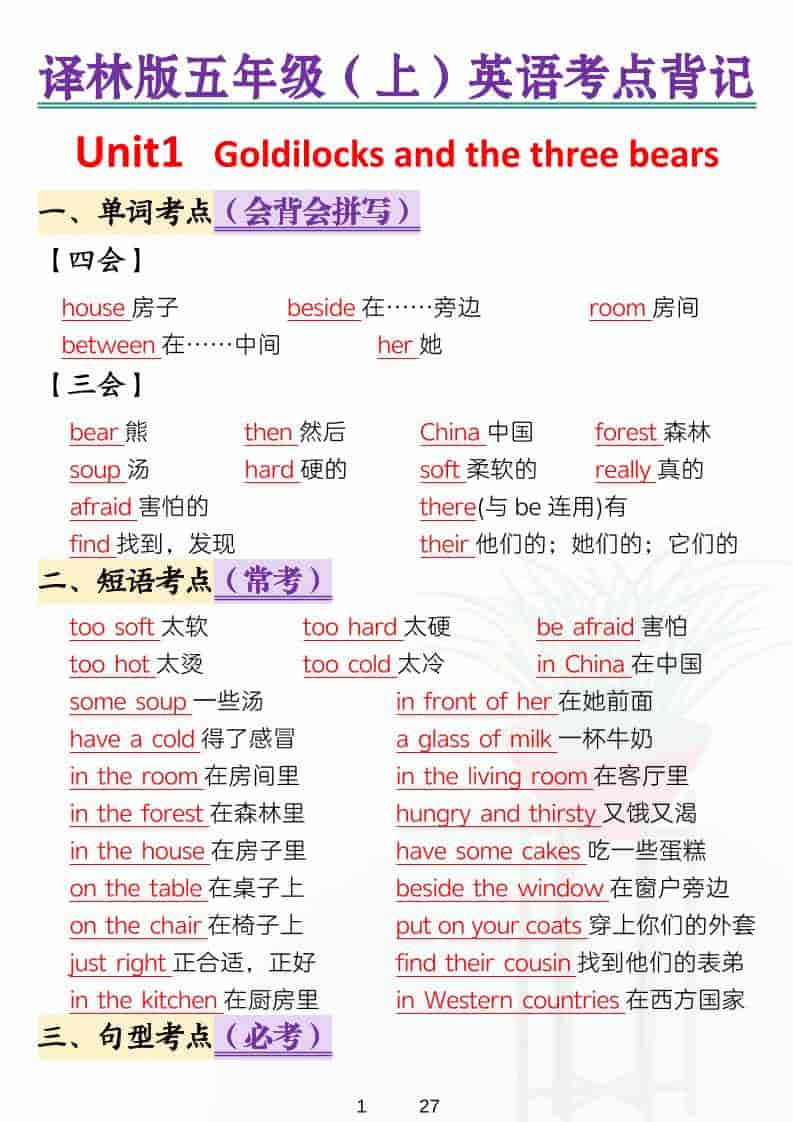 五年级上英语考点背记《译林版》 - 91资源站-91资源站