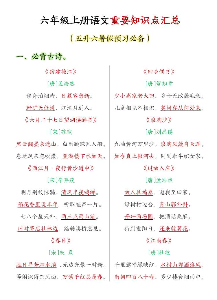 六年级上语文重要知识点汇总-91资源站