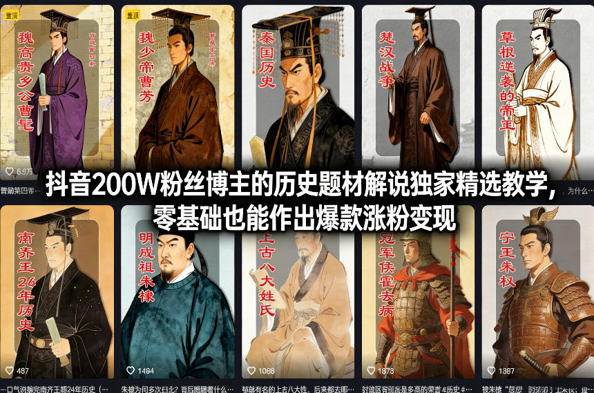 抖音200W粉丝博主的历史题材解说独家精选教学，零基础也能作出爆款涨粉变现-91资源站