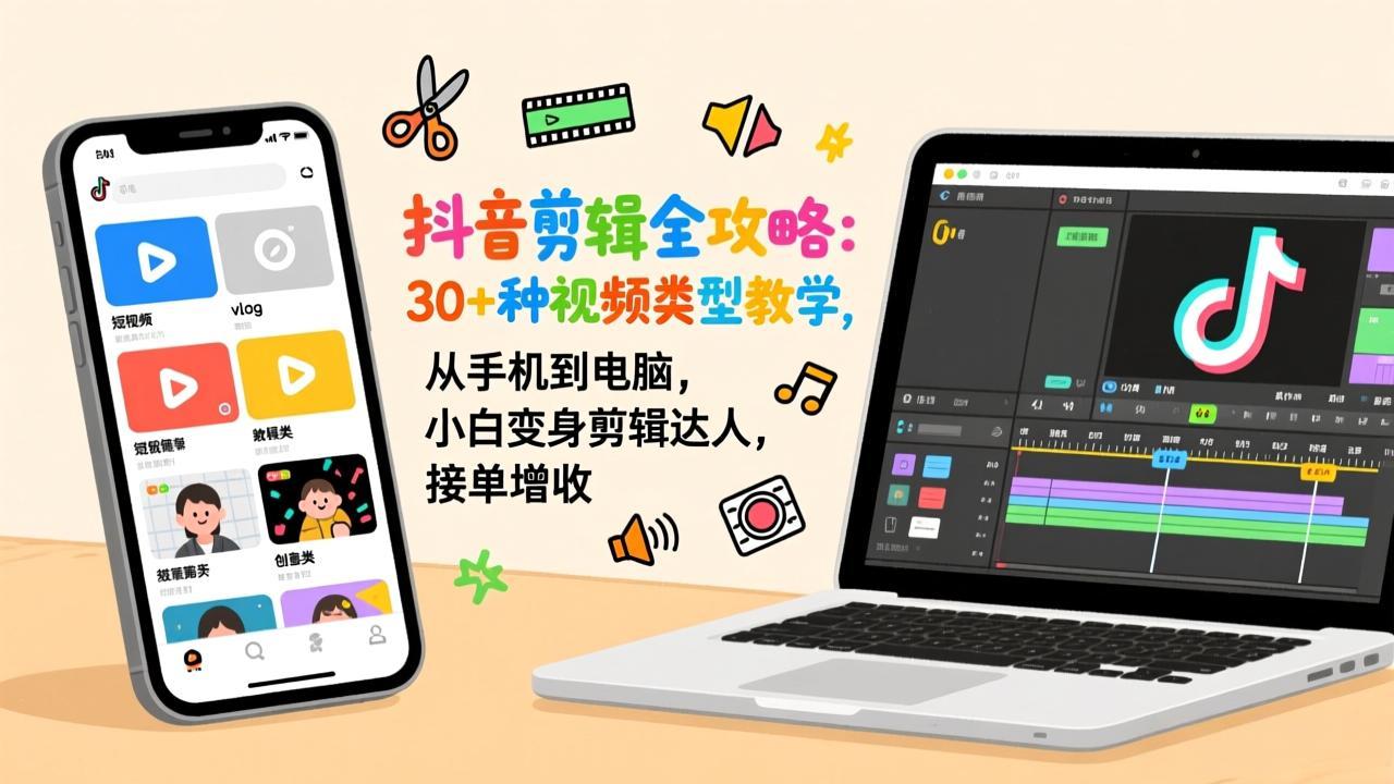 抖音剪辑全攻略：30+种视频类型教学，从手机到电脑，小白变身剪辑达人，接单增收 - 91资源站-91资源站