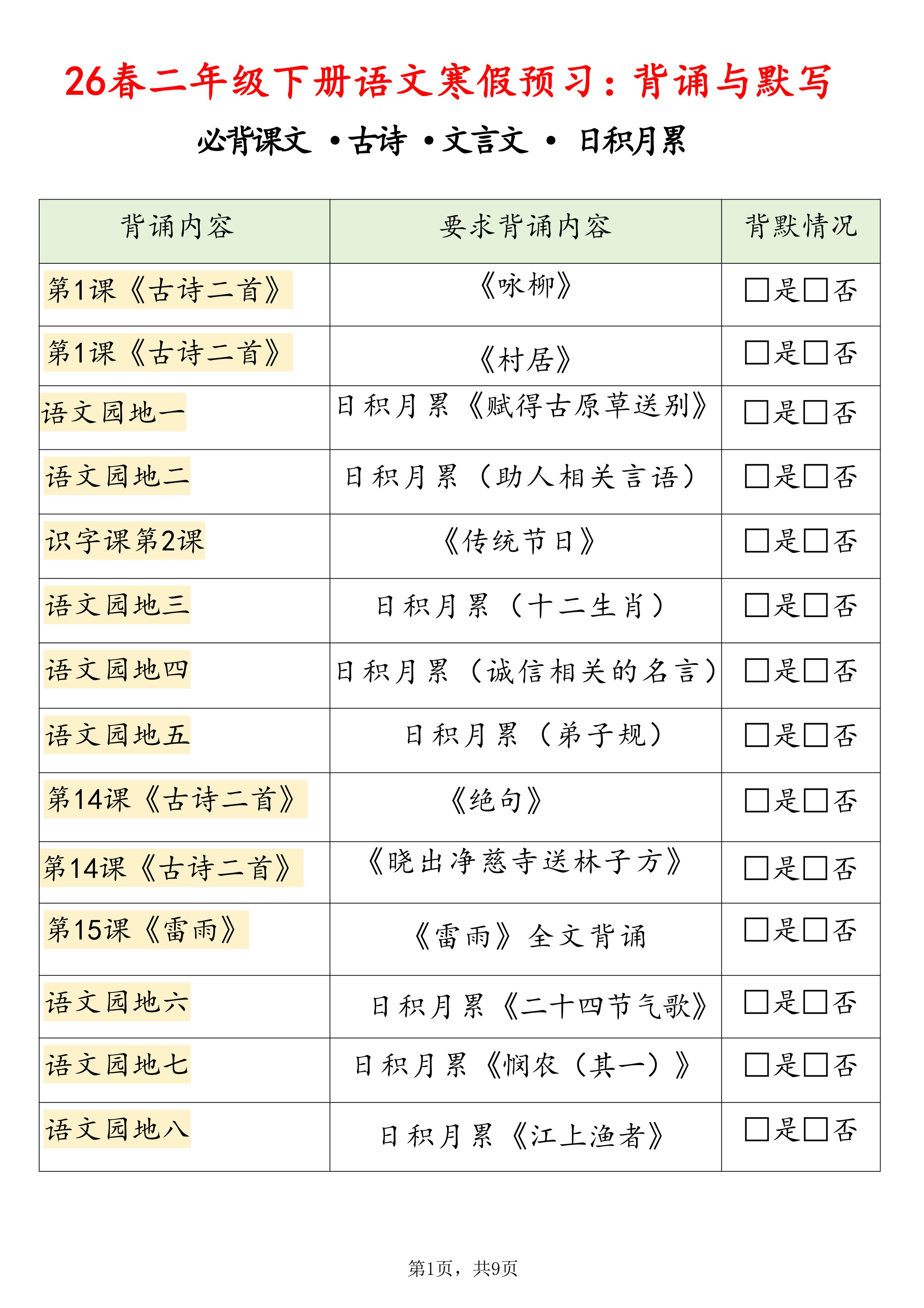 26春二下语文寒假预习背诵与默写（必背课文、古诗、文言文、日积月累）9页 - 91资源站-91资源站
