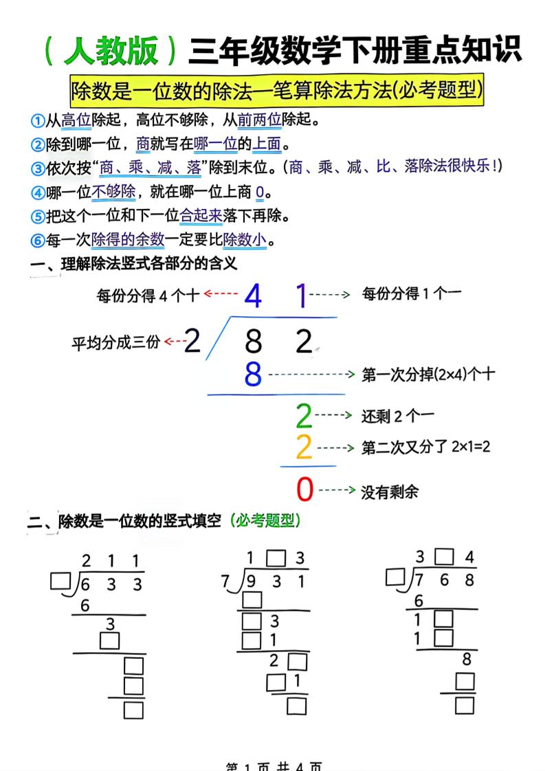 三年级下数学除数是一位数的除法—笔算除法方法(必考题型)《人教版》 - 91资源站-91资源站