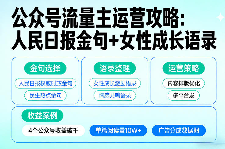 利用人民日报金句+女性成长语录做公众号流量主，4个公众号收益破千 - 91资源站-91资源站