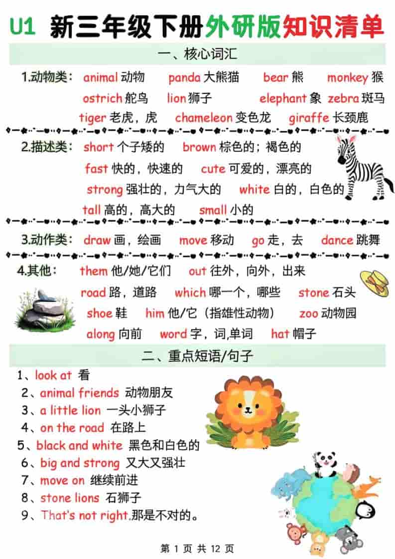 三年级下英语Unit1-6知识清单《外研版（三起）》 - 91资源站-91资源站