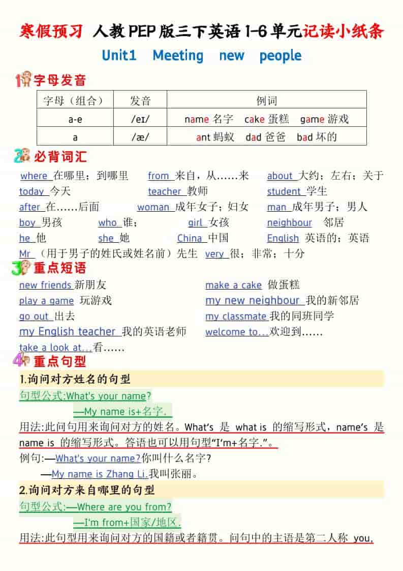 三年级下英语寒假预习1-6单元记读小纸条《人教版PEP》 - 91资源站-91资源站