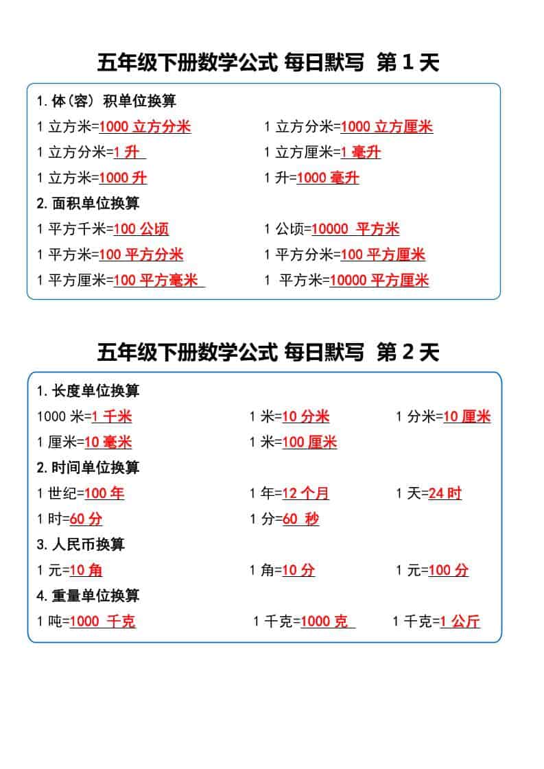 五年级下数学数学公式每日默写小纸条 - 91资源站-91资源站