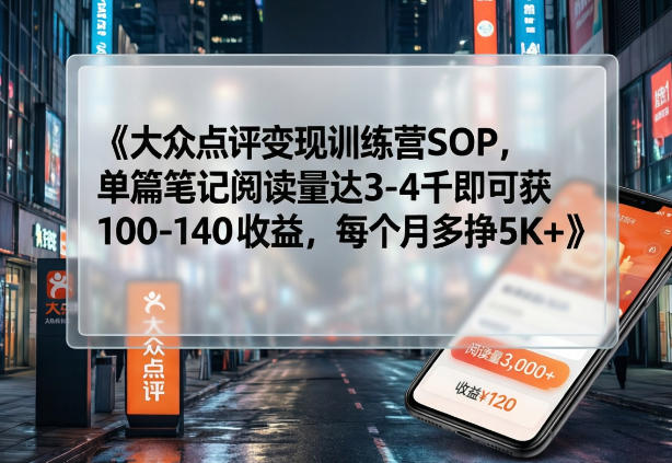 大众点评变现训练营SOP，单篇笔记阅读量达3-4千即可获100-140收益，每个月多挣5K+-91资源站