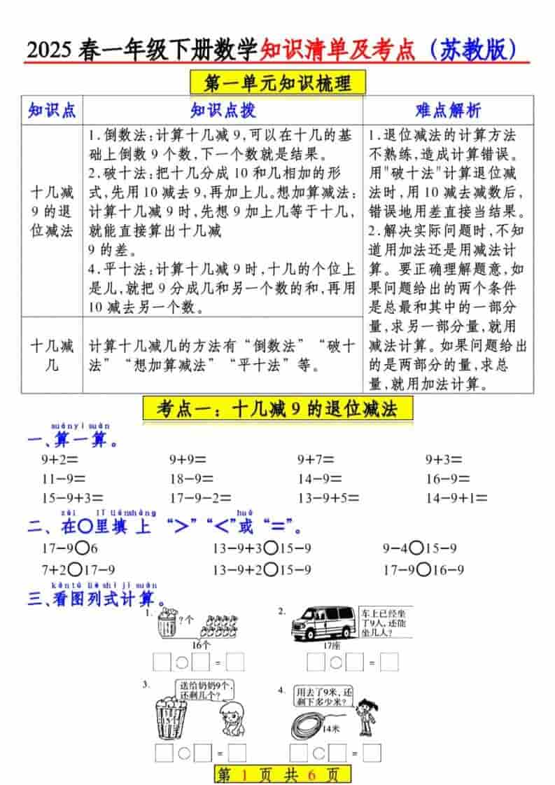 一年级下数学知识清单及考点《苏教版》（衔接版）-91资源站