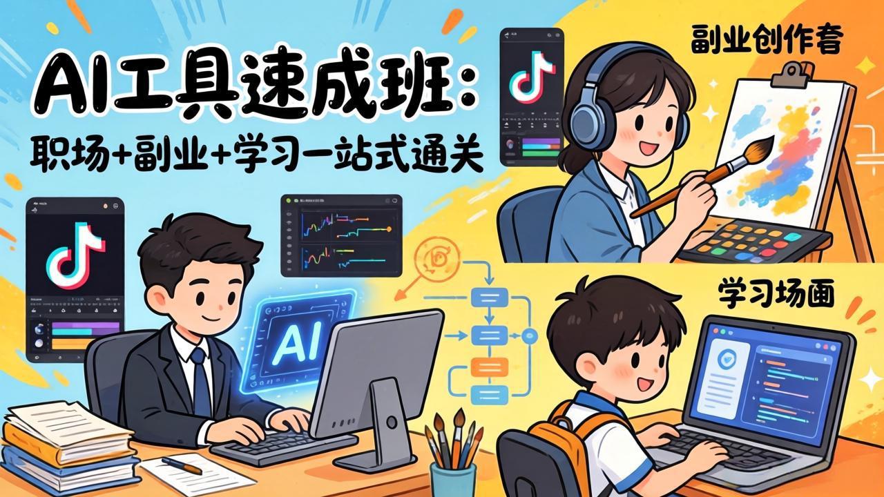 AI工具速成班：职场+副业+学习一站式通关，20+爆款类型+剪映技巧+抖音算法，0基础快速上手-91资源站