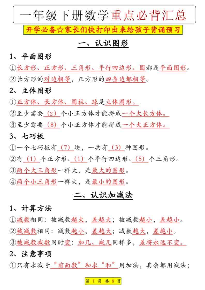 一年级下数学重点必背汇总 - 91资源站-91资源站