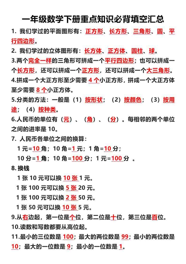 一年级下数学重点必背填空汇总 - 91资源站-91资源站