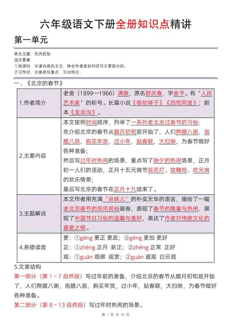 六年级下语文全册知识点精讲33页 - 91资源站-91资源站