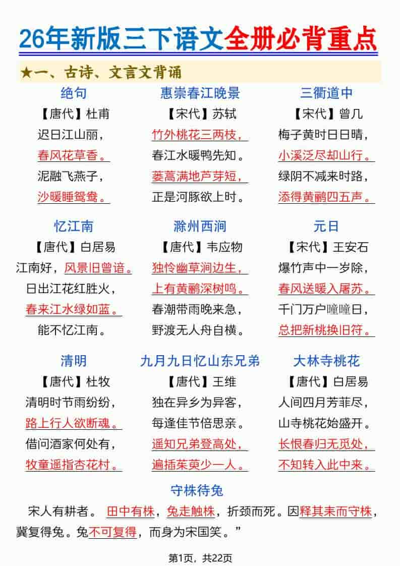 三年级下语文全册必背重点（十二重点知识点） - 91资源站-91资源站