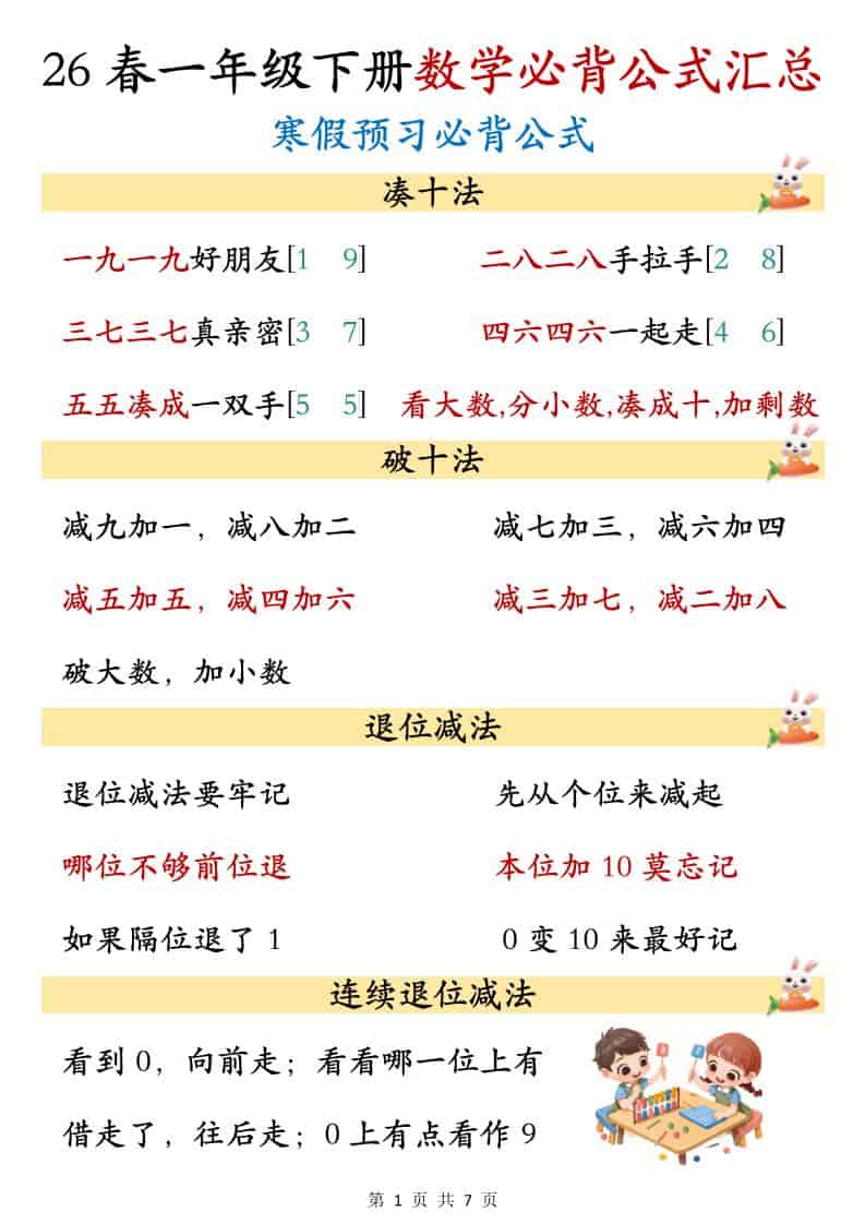 一年级下数学必背公式汇总 - 91资源站-91资源站