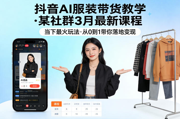 抖音AI服装带货教学，某社群3月最新课程，当下最火玩法，从0到1带你落地变现 - 91资源站-91资源站