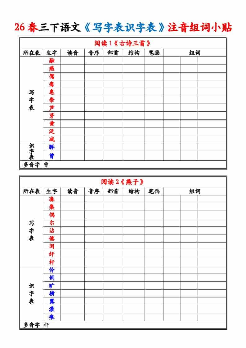三年级下语文26春《写字表识字表》注音组词小贴 - 91资源站-91资源站