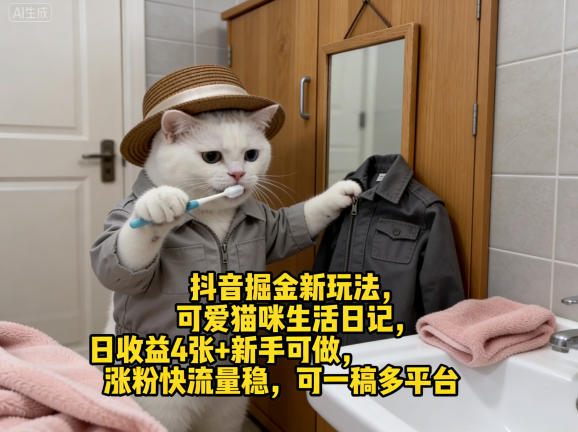 抖音掘金新玩法，可爱猫咪生活日记，日收益4张+新手可做，涨粉快流量稳，可一稿多平台-91资源站
