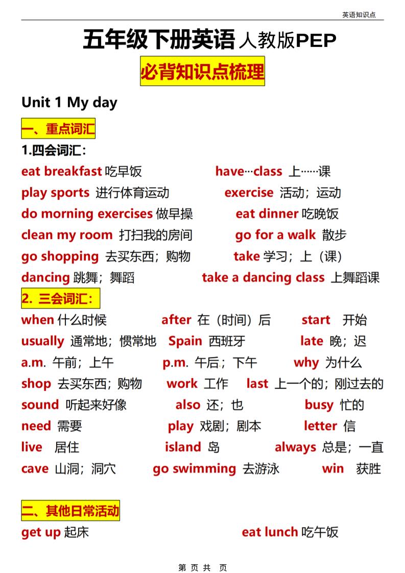 五年级(下）英语全册知识点汇总《人教版PEP》-91资源站