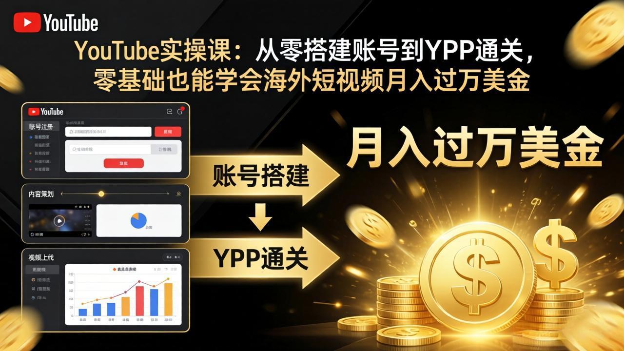 YouTube实操课：从零搭建账号到YPP通关，零基础也能学会海外短视频月入过万美金-91资源站