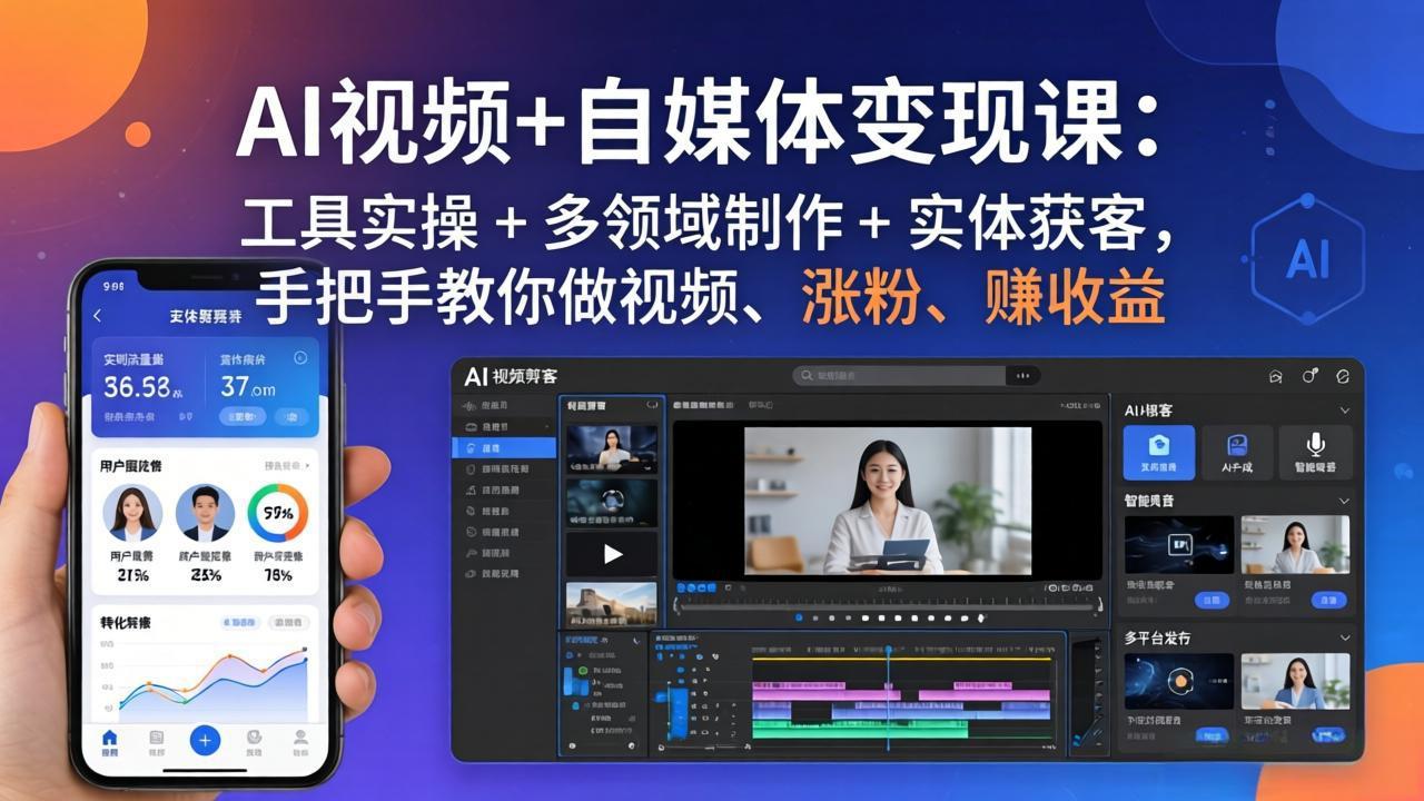 AI视频+自媒体变现课：工具实操 + 多领域制作 + 实体获客，手把手教你做视频、涨粉、赚收益-91资源站