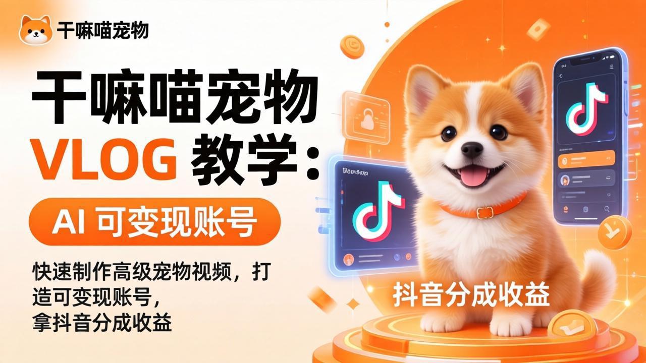 干嘛喵宠物 VLOG 教学：AI 快速制作高级宠物视频，打造可变现账号，拿抖音分成收益-91资源站
