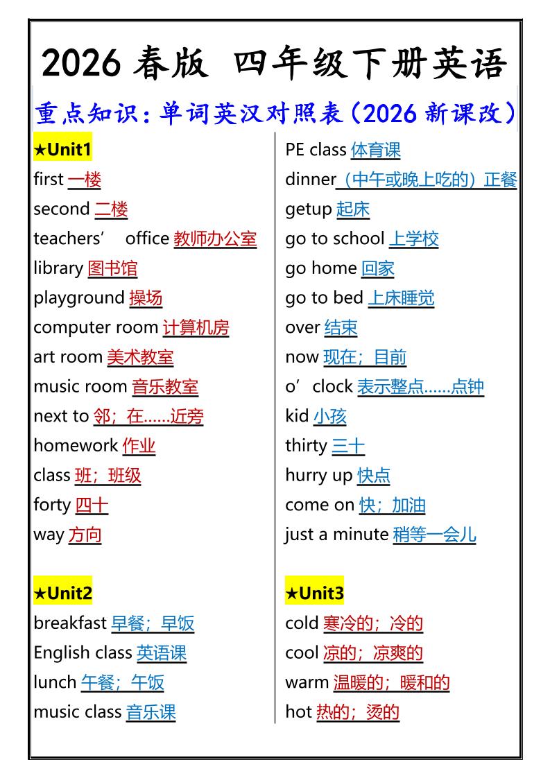 2026春新版四年级下英语重点知识：单词英汉对照表《人教版PEP》-91副业网