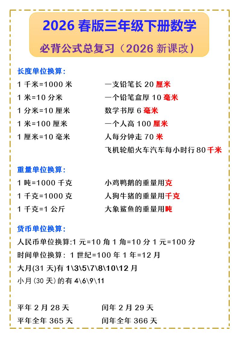 三年级下数学必背公式汇总《人教版》-91副业网