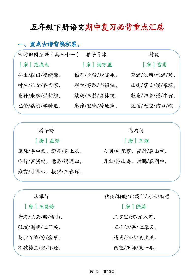 五年级下语文期中复习重点知识点汇总1-91副业网