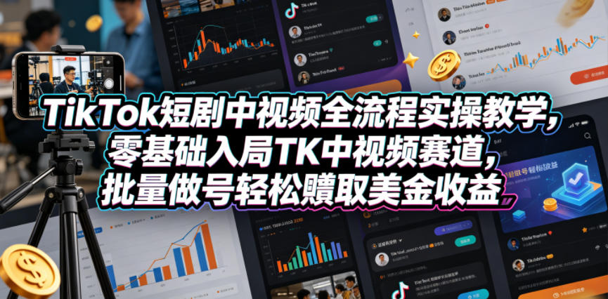 TikTok短剧中视频全流程实操教学，零基础入局TK中视频赛道，批量做号轻松賺取美金收益 - 91副业网-91副业网