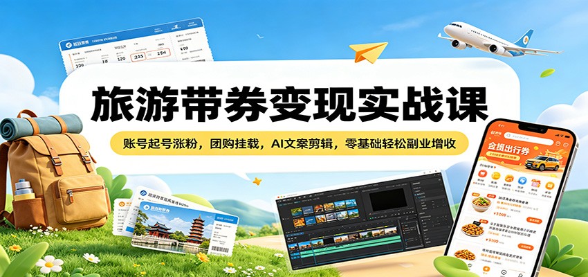 旅游带券变现实战课：账号起号涨粉，团购挂载，AI文案剪辑，零基础轻松副业增收-91副业网