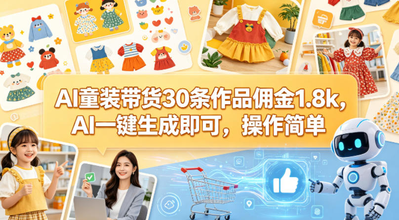 AI童装带货30条作品佣金1.8k，AI一键生成即可，操作简单 - 91副业网-91副业网
