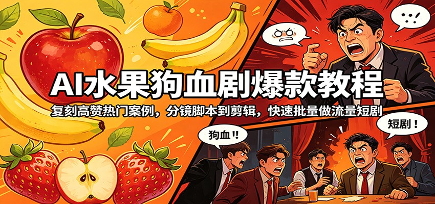 AI水果狗血剧爆款教程：复刻高赞热门案例，分镜脚本到剪辑，快速批量做流量短剧 - 91副业网-91副业网